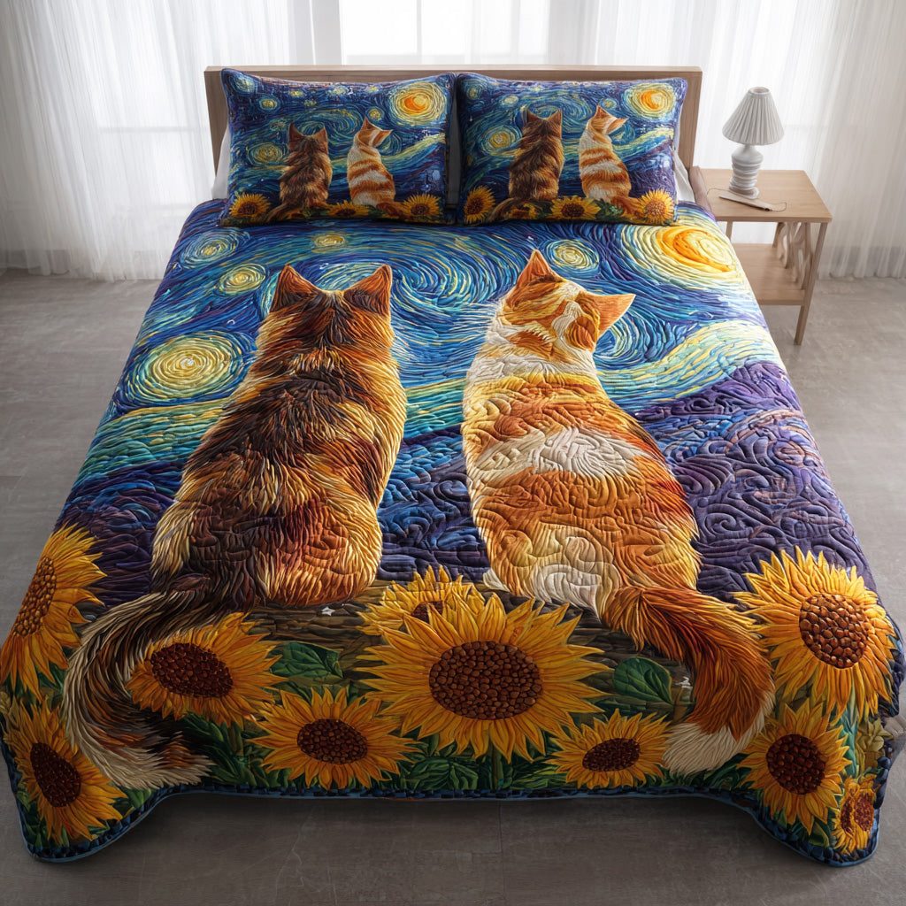 Cosmic Cat Dreams quilted 3-piece bedding set on a made bed with two matching pillow shams