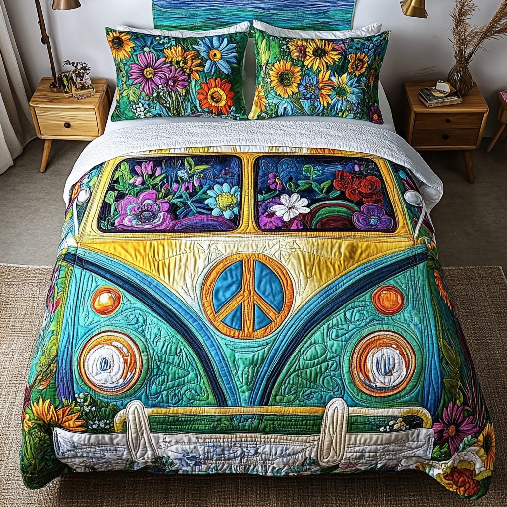 Cosmic Cruiser quilted 3-piece bedding set on a made bed with two matching pillow shams