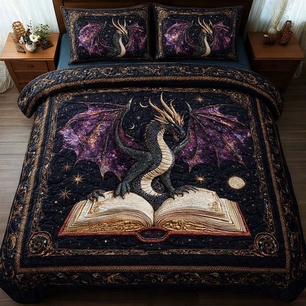 Cosmic Dragon quilted 3-piece bedding set on a made bed with two matching pillow shams