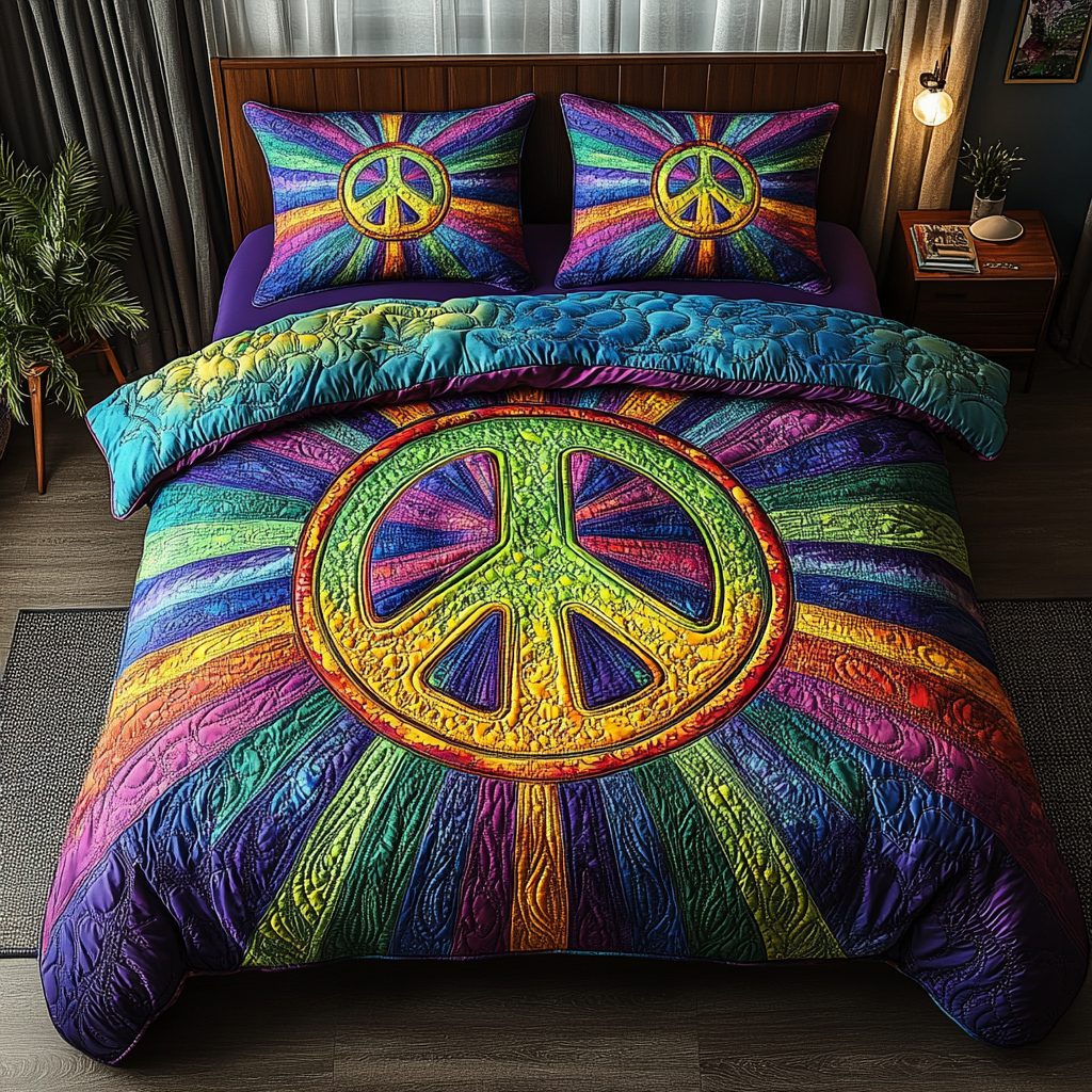 Cosmic Dream quilted 3-piece bedding set on a made bed with two matching pillow shams