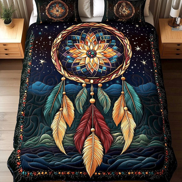 Cosmic Dream quilted 3-piece bedding set on a made bed with two matching pillow shams