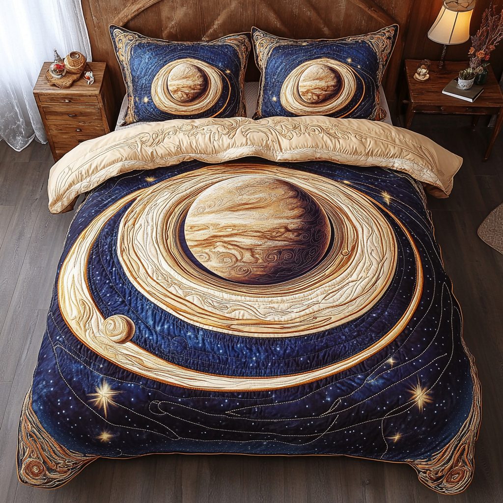 Cosmic Escape quilted 3-piece bedding set on a made bed with two matching pillow shams