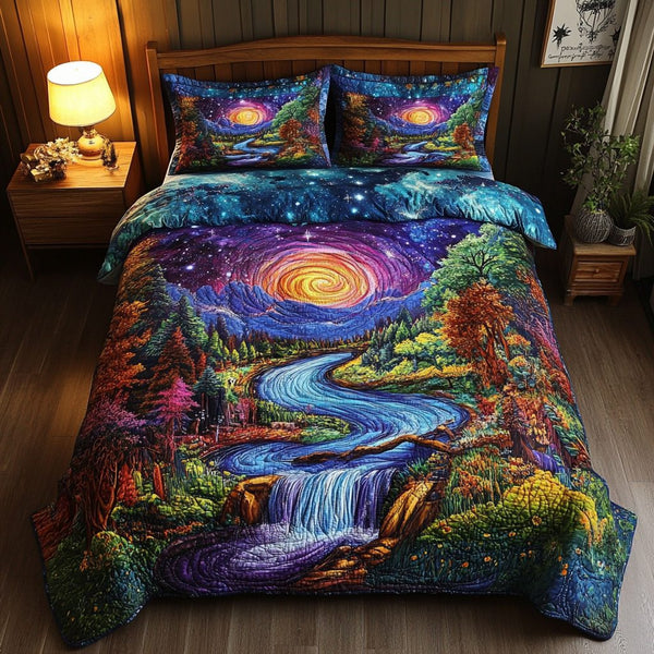 Cosmic Forest Glow quilted 3-piece bedding set on a made bed with two matching pillow shams