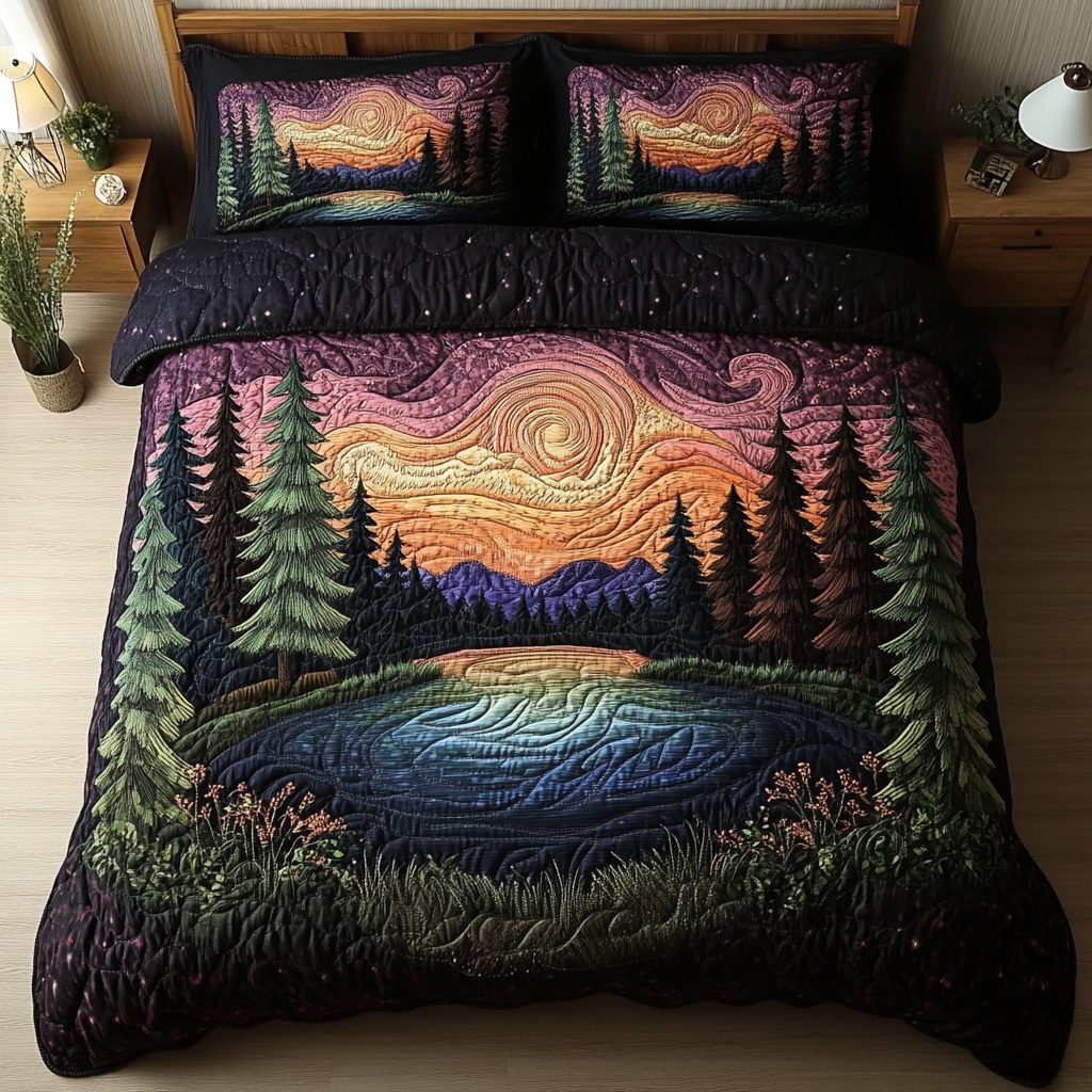 Cosmic Forest quilted 3-piece bedding set on a made bed with two matching pillow shams