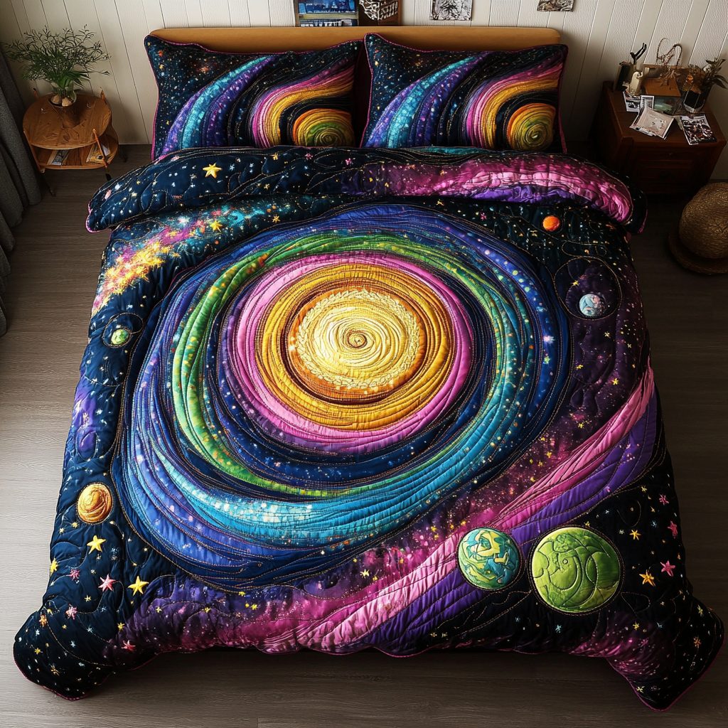 Cosmic Glow quilted 3-piece bedding set on a made bed with two matching pillow shams