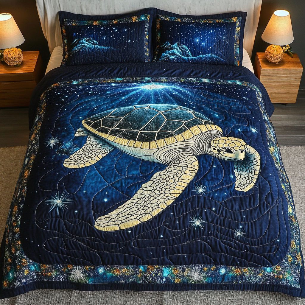 Cosmic Glow Turtle quilted 3-piece bedding set on a made bed in a light coastal bedroom