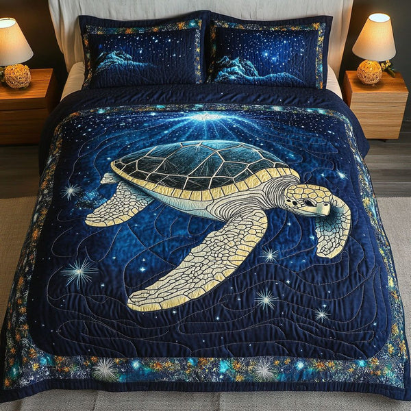 Cosmic Glow Turtle quilted 3-piece bedding set on a made bed in a light coastal bedroom