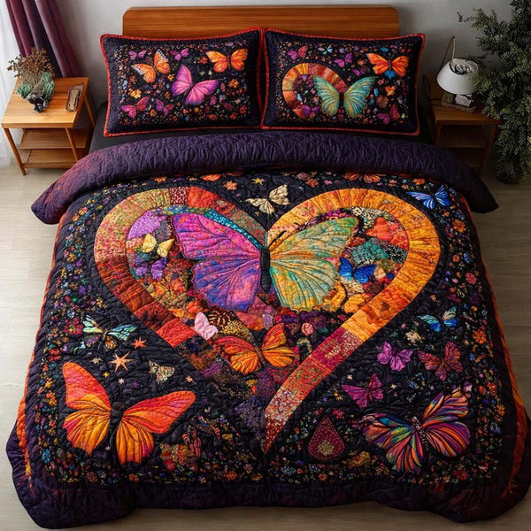 Cosmic Heart quilted 3-piece bedding set on a made bed with two matching pillow shams