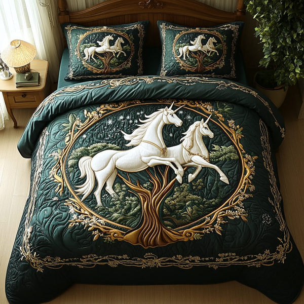 Cosmic Hoof quilted 3-piece bedding set on a made bed with two matching pillow shams