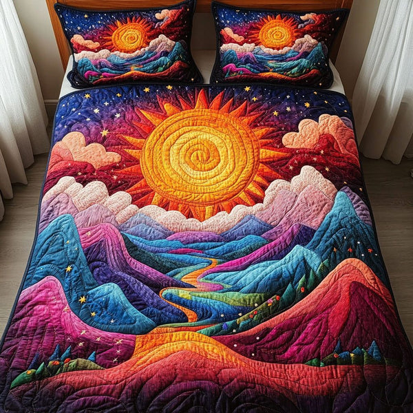 Cosmic Horizon quilted 3-piece bedding set on a made bed with two matching pillow shams