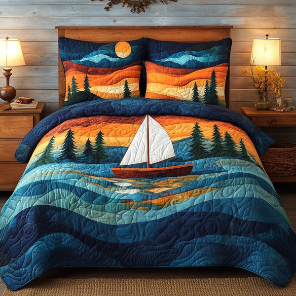 Cosmic Journey quilted 3-piece bedding set on a made bed with two matching pillow shams