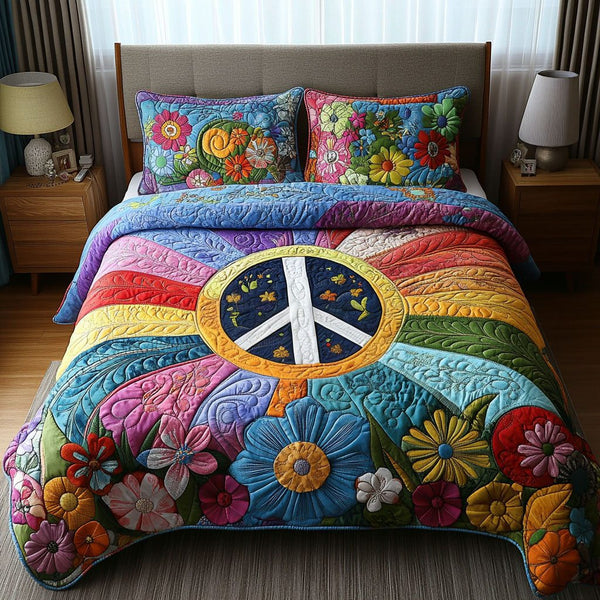 Cosmic Love quilted 3-piece bedding set on a made bed with two matching pillow shams