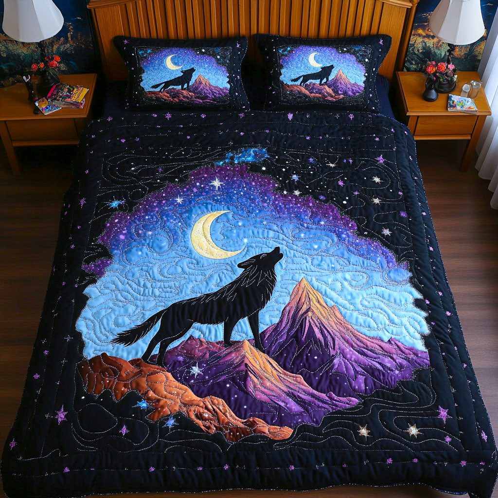 Cosmic Moonrise quilted 3-piece bedding set on a made bed with two matching pillow shams