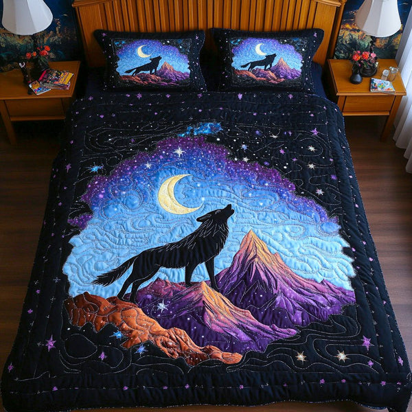 Cosmic Moonrise quilted 3-piece bedding set on a made bed with two matching pillow shams