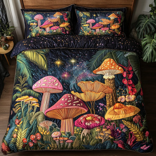 Cosmic Mushroom quilted 3-piece bedding set on a made bed with two matching pillow shams