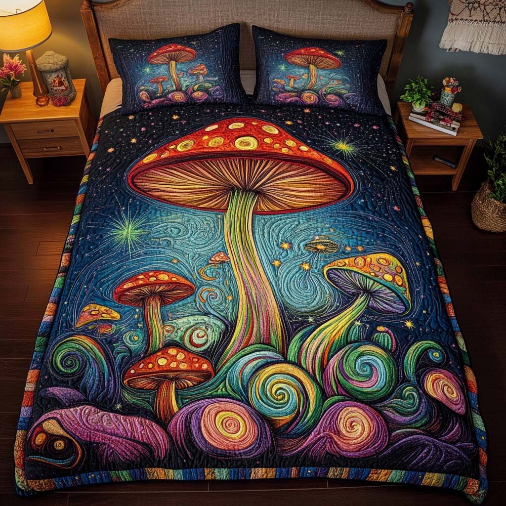Cosmic Mushrooms quilted 3-piece bedding set on a made bed with two matching pillow shams
