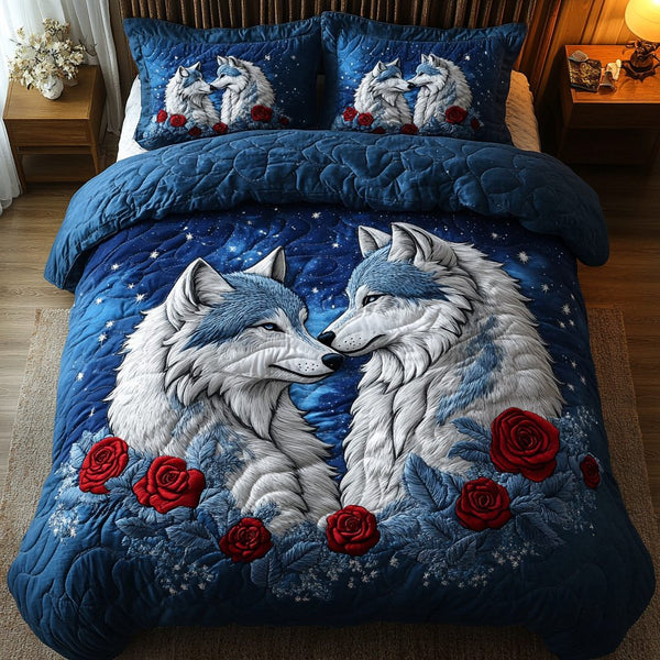 Cosmic Pack quilted 3-piece bedding set on a made bed with two matching pillow shams