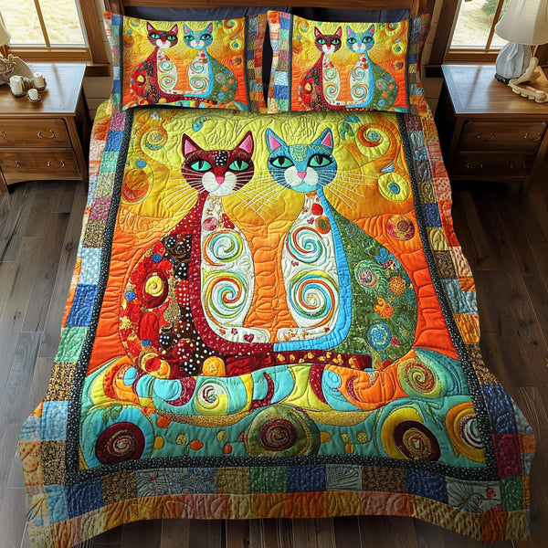 Cosmic Paws quilted 3-piece bedding set on a made bed with two matching pillow shams