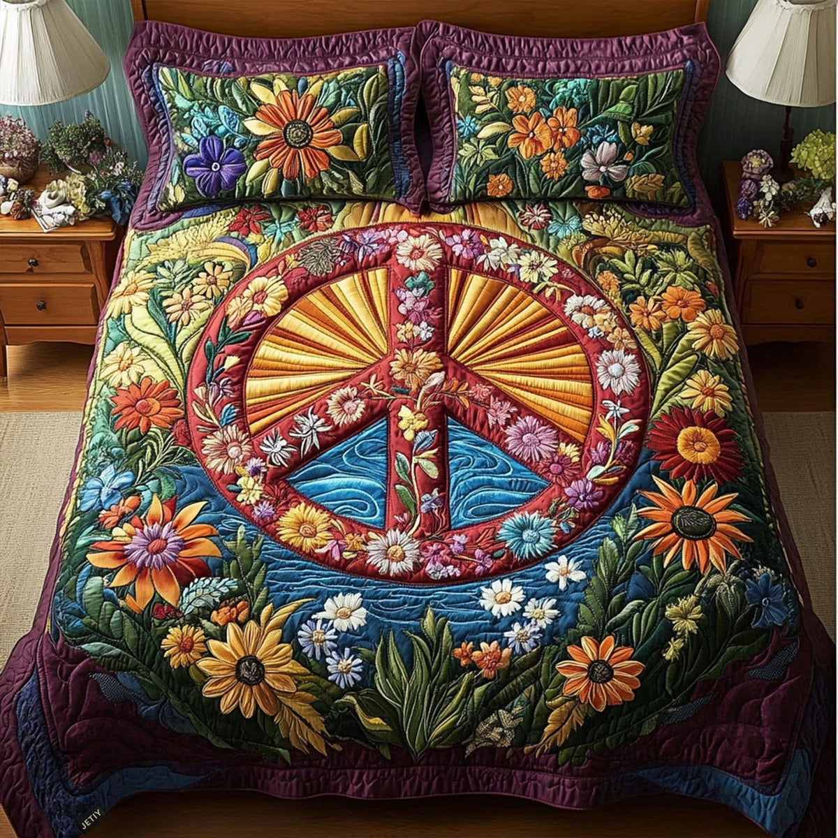Cosmic Peace quilted 3-piece bedding set on a made bed with two matching pillow shams