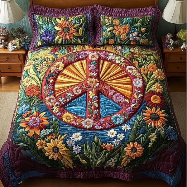 Cosmic Peace quilted 3-piece bedding set on a made bed with two matching pillow shams