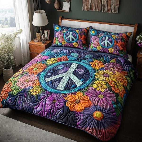 Cosmic Peace quilted 3-piece bedding set on a made bed with two matching pillow shams