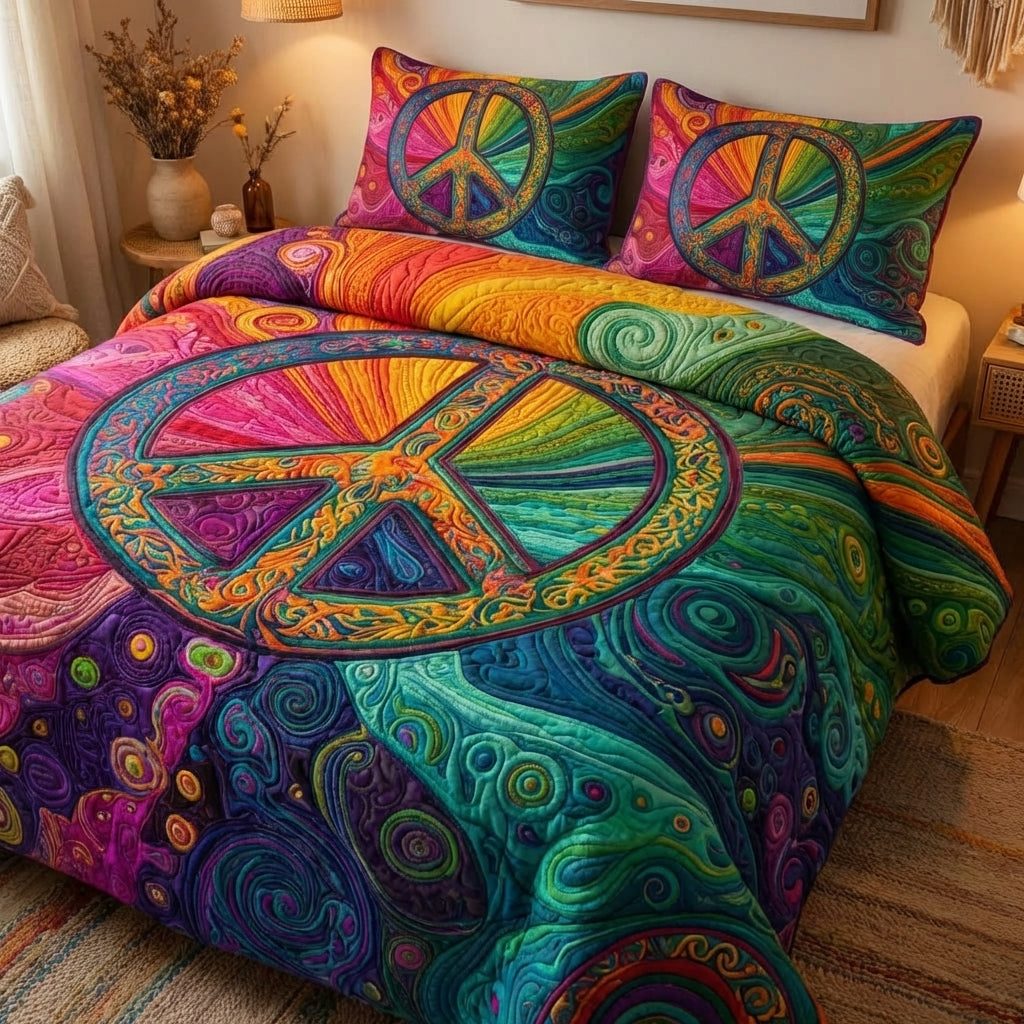 Cosmic Peace quilted 3-piece bedding set on a made bed with two matching pillow shams
