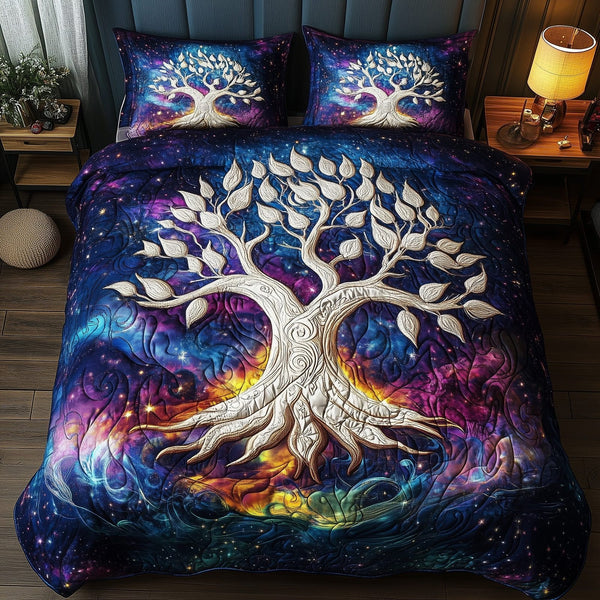 Cosmic Roots quilted 3-piece bedding set on a made bed with two matching pillow shams
