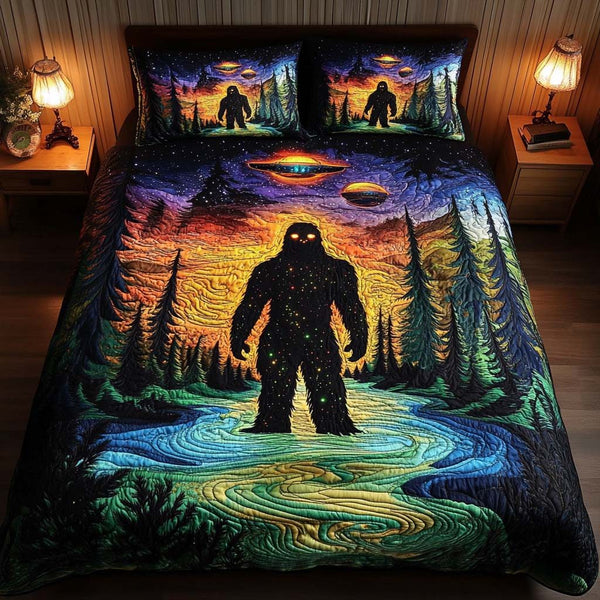 Cosmic Sasquatch quilted 3-piece bedding set on a made bed with two matching pillow shams