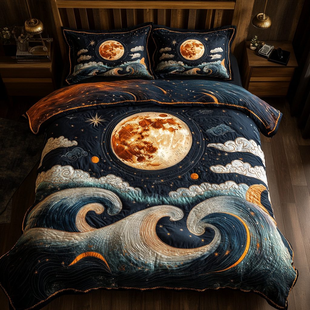 Cosmic Shine quilted 3-piece bedding set on a made bed with two matching pillow shams