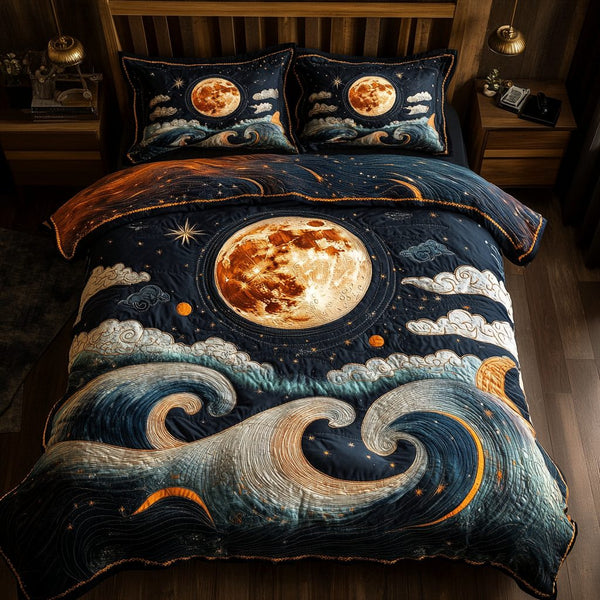 Cosmic Shine quilted 3-piece bedding set on a made bed with two matching pillow shams