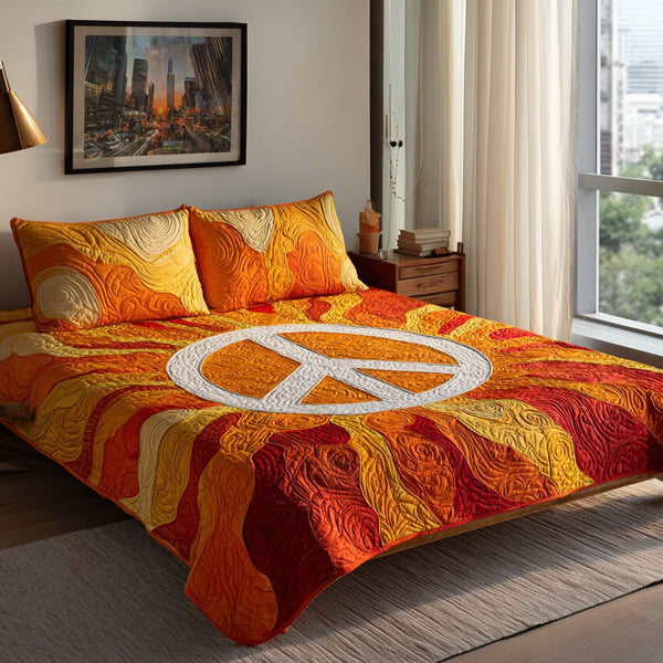 Cosmic Soul quilted 3-piece bedding set on a made bed with two matching pillow shams