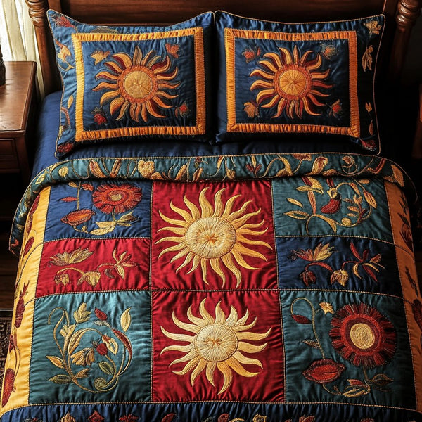 Cosmic Sun quilted 3-piece bedding set on a made bed with two matching pillow shams