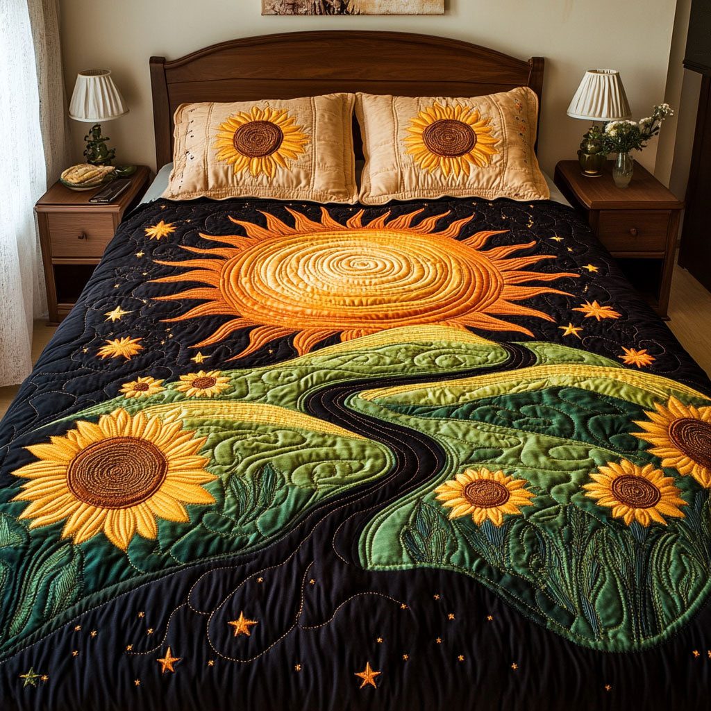 Cosmic Sunflowers quilted 3-piece bedding set on a made bed with two matching pillow shams