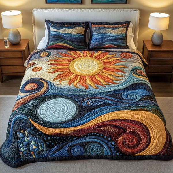 Cosmic Sunrise quilted 3-piece bedding set on a made bed with two matching pillow shams