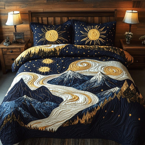 Cosmic Trail quilted 3-piece bedding set on a made bed with two matching pillow shams