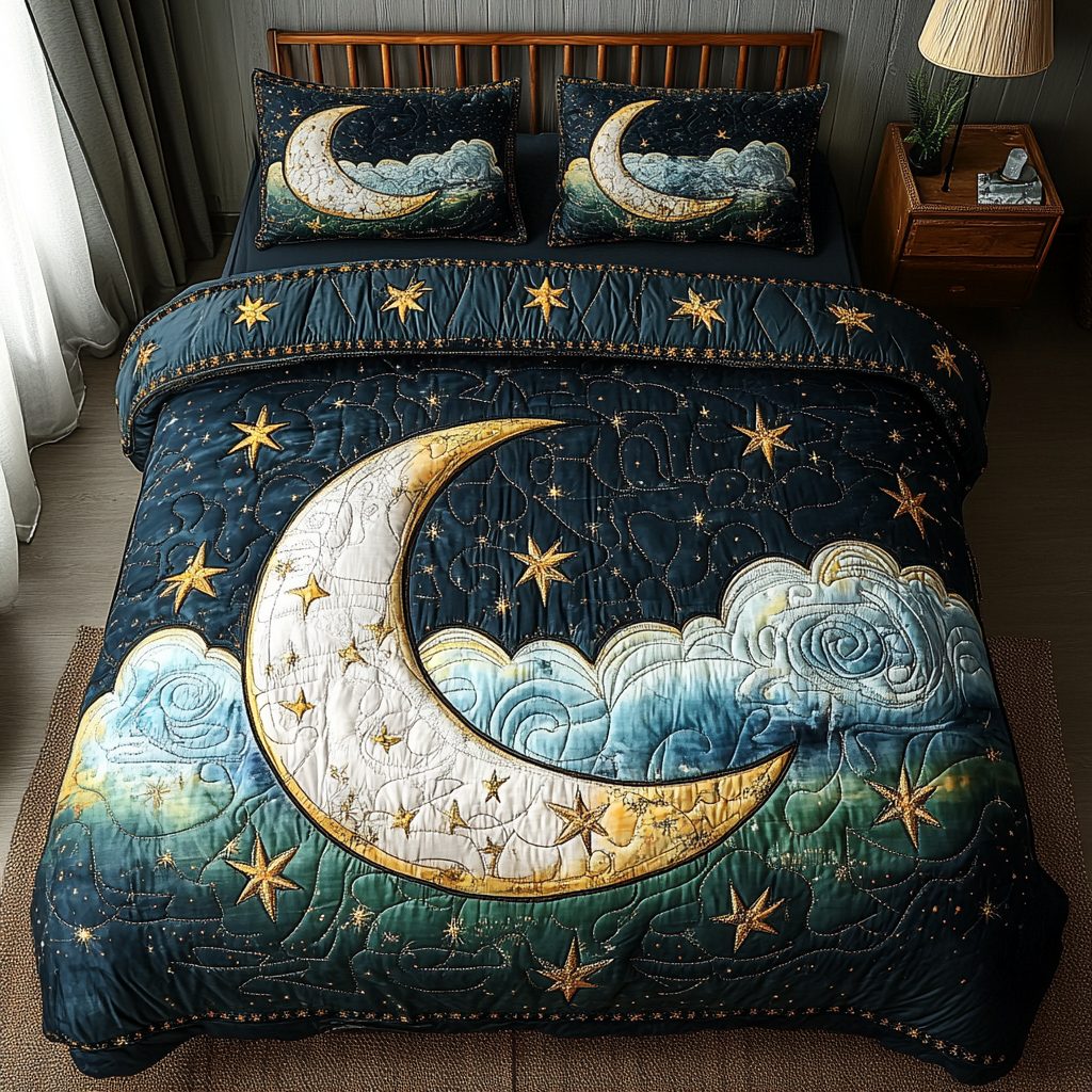 Cosmic Tranquility quilted 3-piece bedding set on a made bed with two matching pillow shams