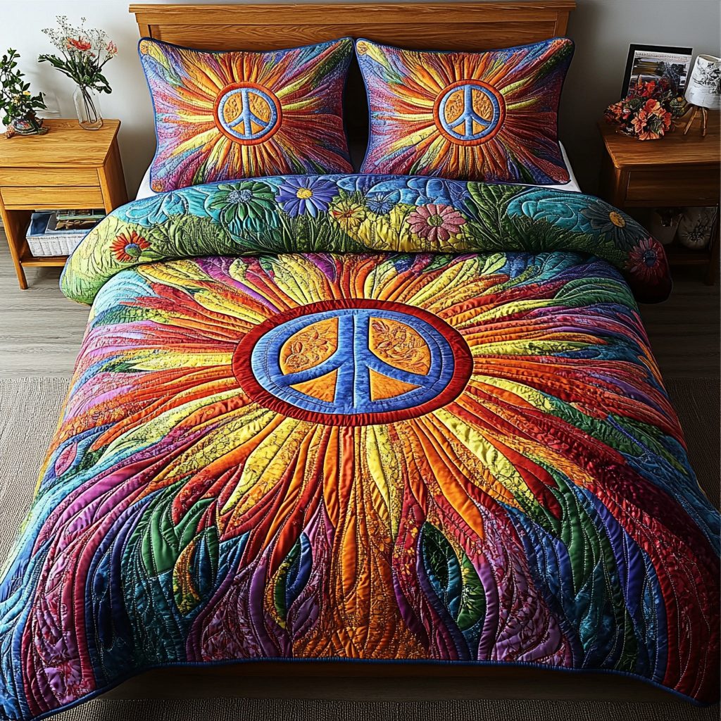 Cosmic Vibes quilted 3-piece bedding set on a made bed with two matching pillow shams