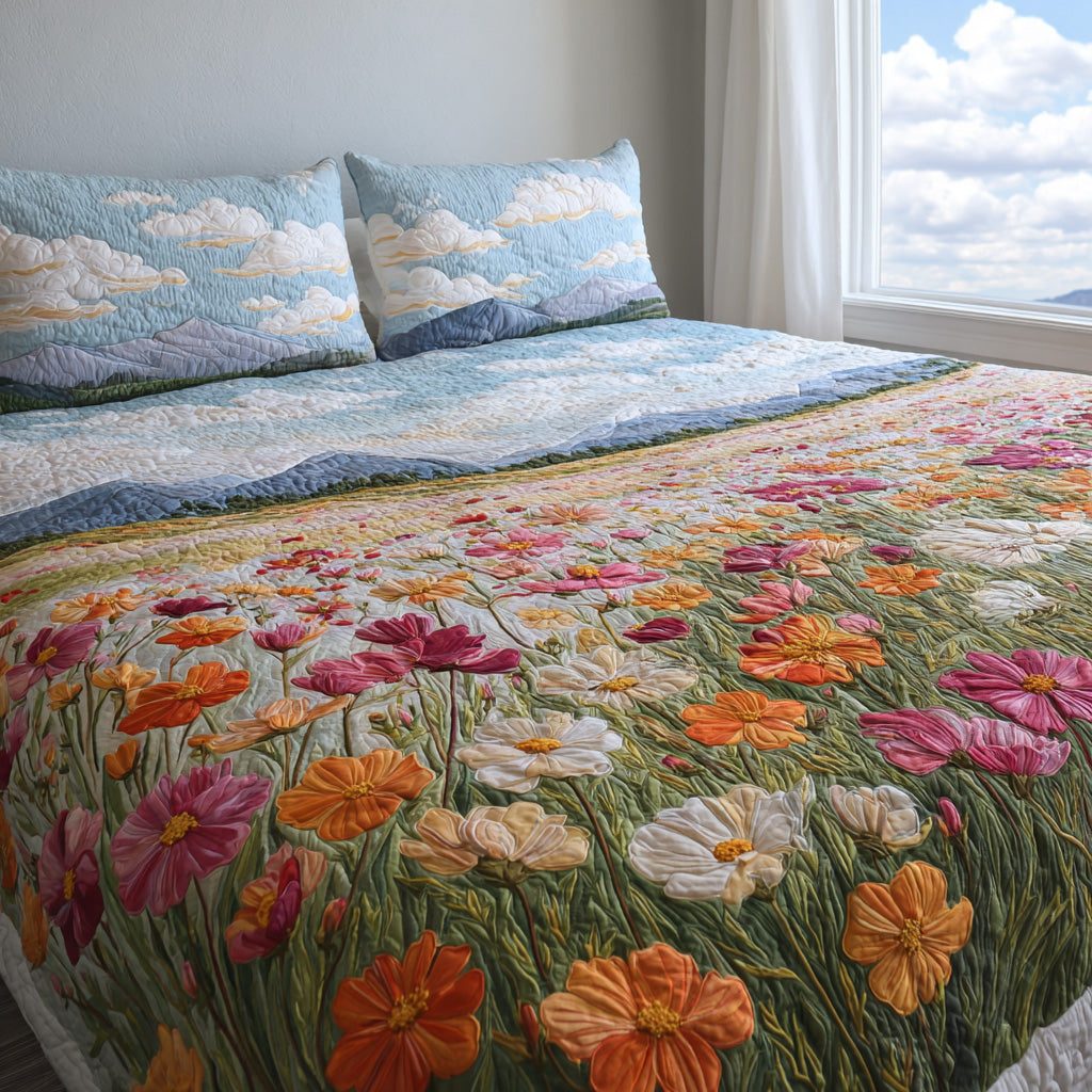 Cosmos Coast quilted 3-piece bedding set on a made bed with two matching pillow shams