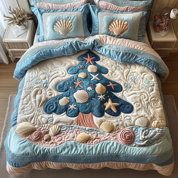 Costal Christmas Tree quilted 3-piece bedding set on a made bed in a winter-styled bedroom