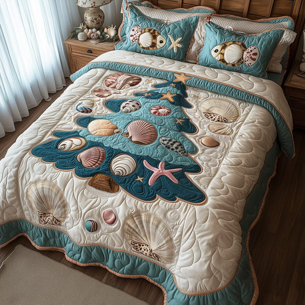 Costal Christmas Tree quilted 3-piece bedding set on a made bed in a winter-styled bedroom