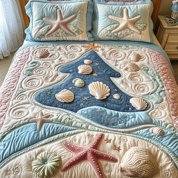 Costal Christmas Tree quilted 3-piece bedding set on a made bed in a winter-styled bedroom
