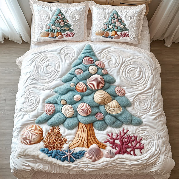 Costal Christmas Tree quilted 3-piece bedding set on a made bed in a winter-styled bedroom