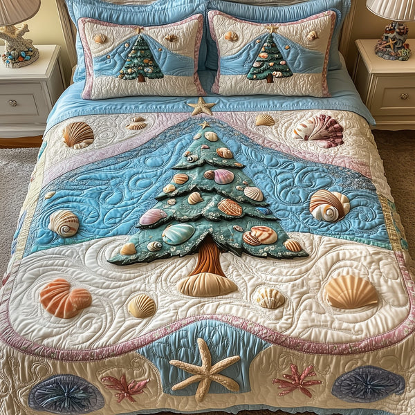 Costal Christmas Tree quilted 3-piece bedding set on a made bed in a winter-styled bedroom