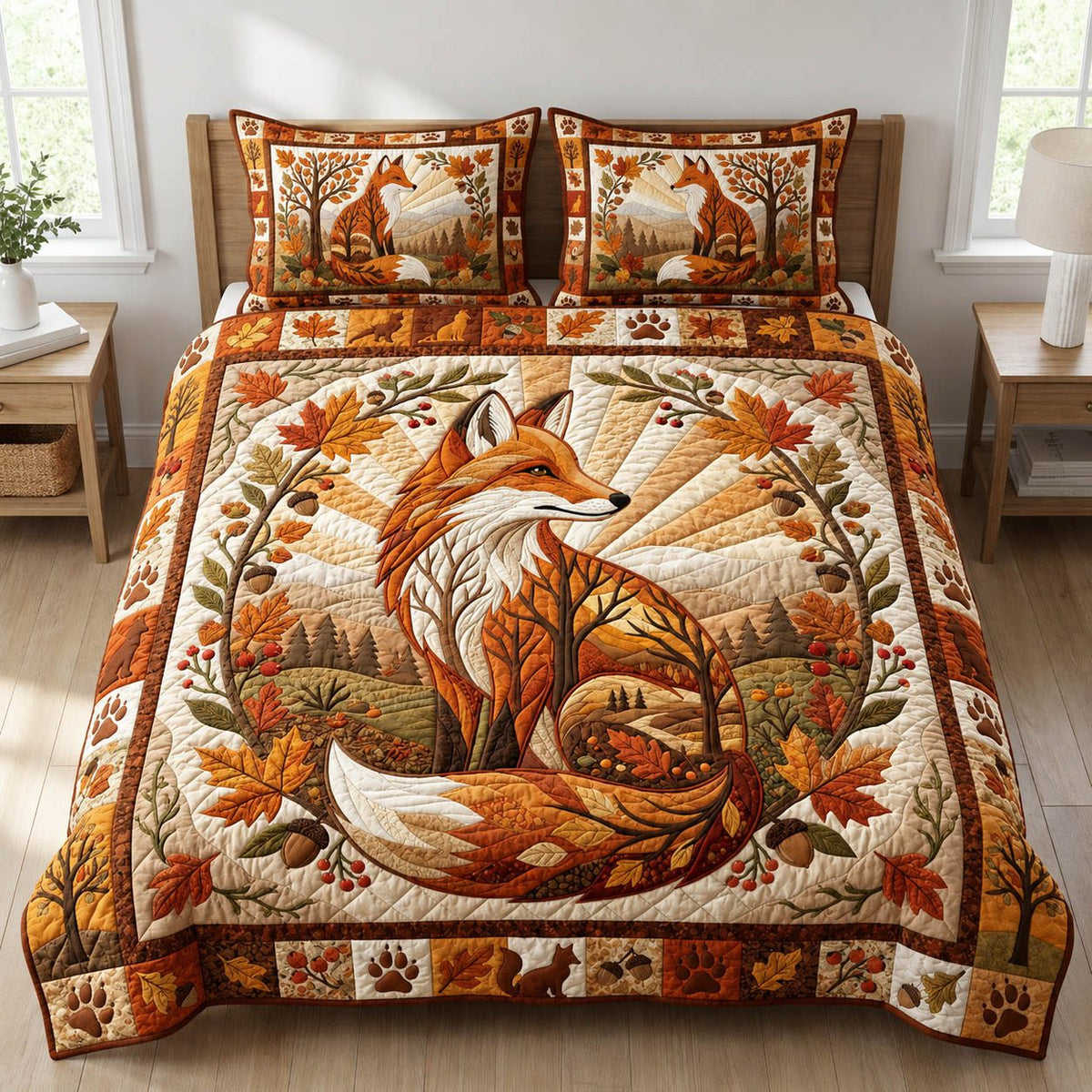 Cottage Autumn Fox quilted 3-piece bedding set on a made bed in a farmhouse bedroom