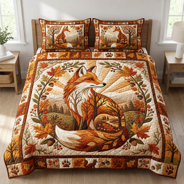 Cottage Autumn Fox quilted 3-piece bedding set on a made bed in a farmhouse bedroom