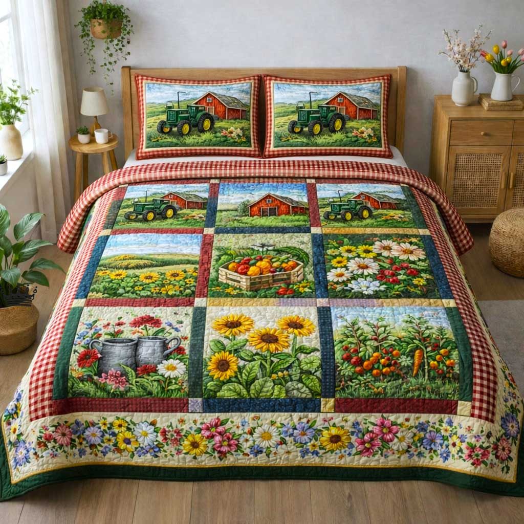 Cottage Bloom quilted 3-piece bedding set on a made bed in a farmhouse bedroom