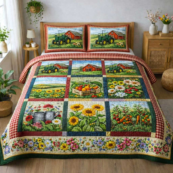 Cottage Bloom quilted 3-piece bedding set on a made bed in a farmhouse bedroom