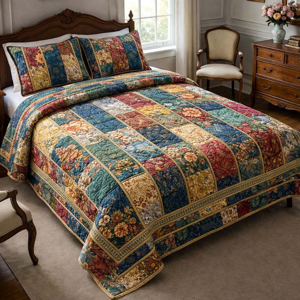 Cottage Bloom quilted 3-piece bedding set on a made bed in a farmhouse bedroom