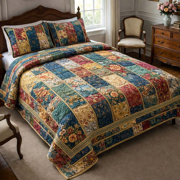Cottage Bloom quilted 3-piece bedding set on a made bed in a farmhouse bedroom