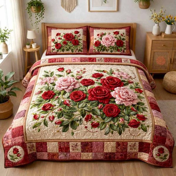 Cottage Bloom quilted 3-piece bedding set on a made bed in a farmhouse bedroom